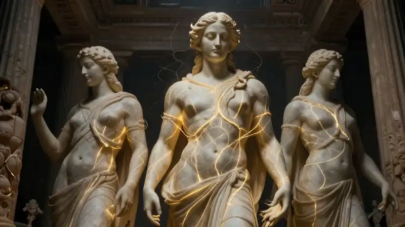 A glowing marble statue stands amidst ancient temple ruins