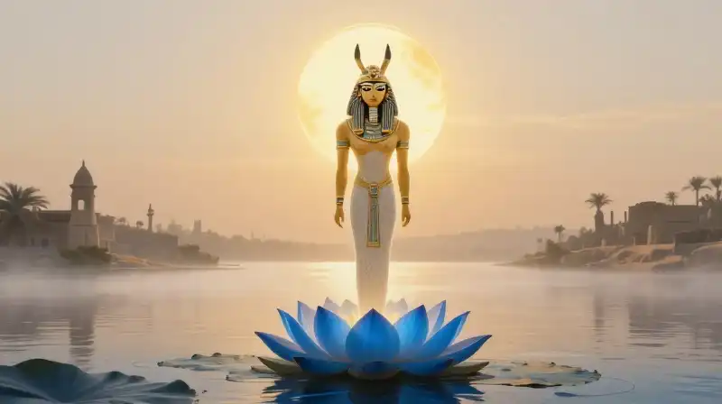 The god Nefertem rises from a blue lotus at sunrise