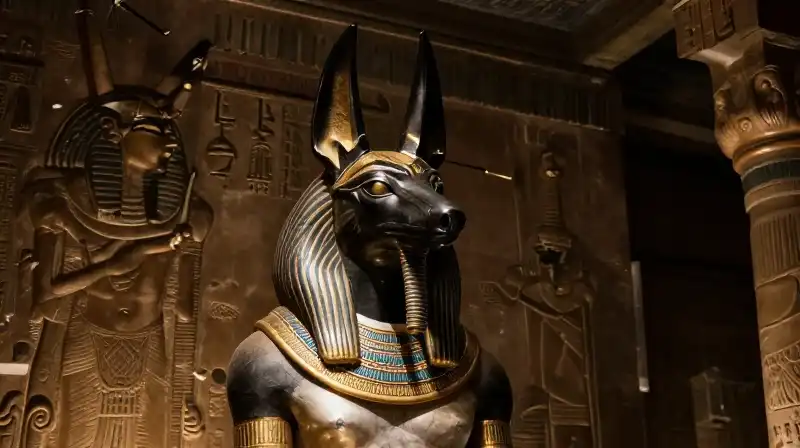 Anubis wears an ornate gold collar inside an ancient tomb