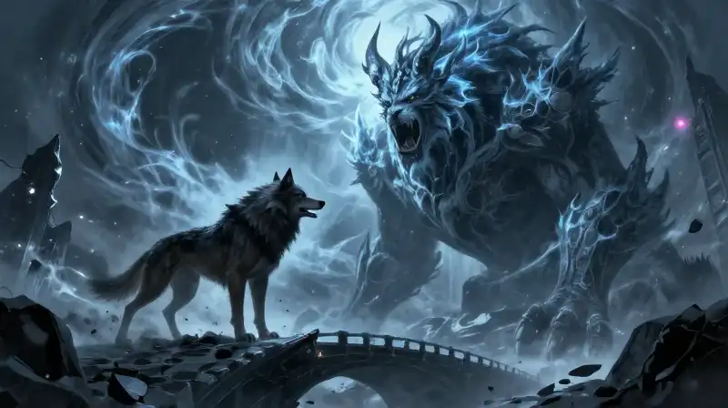Giant wolves battle amidst cosmic frost on a crumbling bridge