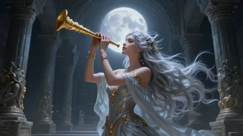 A silver-haired goddess holds a golden horn in stone halls