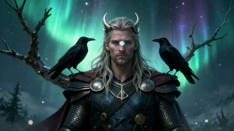 One-eyed Odin stands amidst cosmic branches and glowing auroras