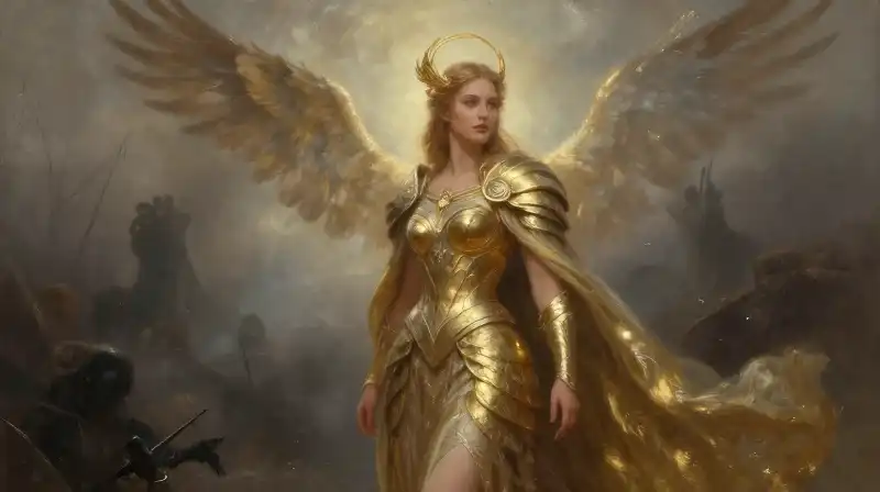Goddess Freya in golden armor stands amidst mystical battlefield mist