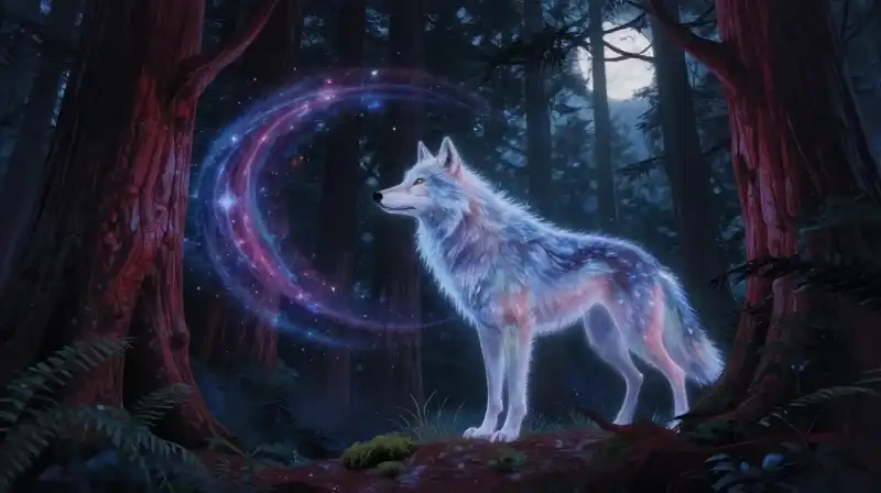 A glowing spirit wolf wanders through a mystical redwood forest