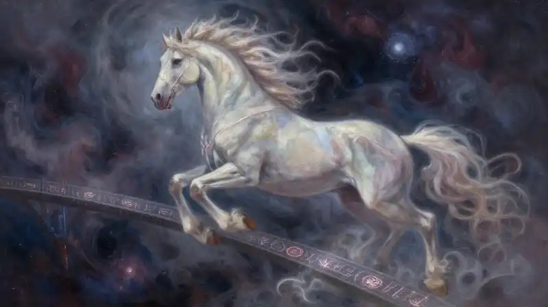 An eight-legged spectral stallion gallops across the glowing Bifrost