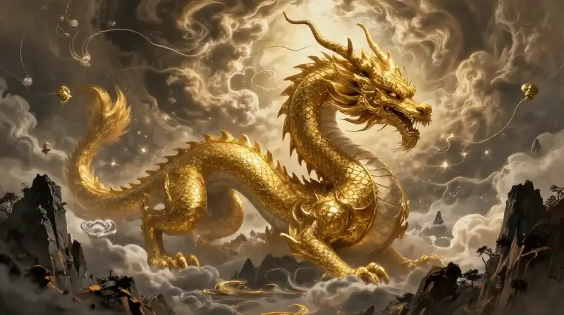 A colossal golden dragon soars above jagged mountain peaks
