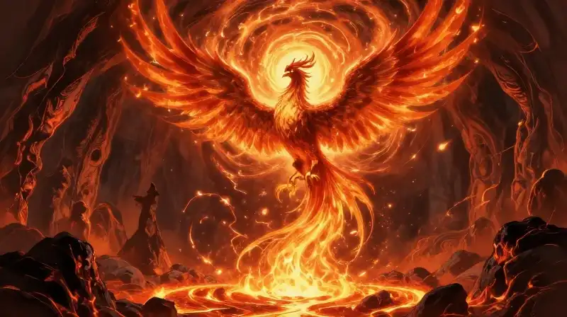 A majestic phoenix rises amidst swirling embers in a volcano