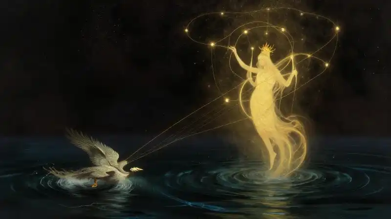 A deity weaves cosmic threads above a primordial ocean