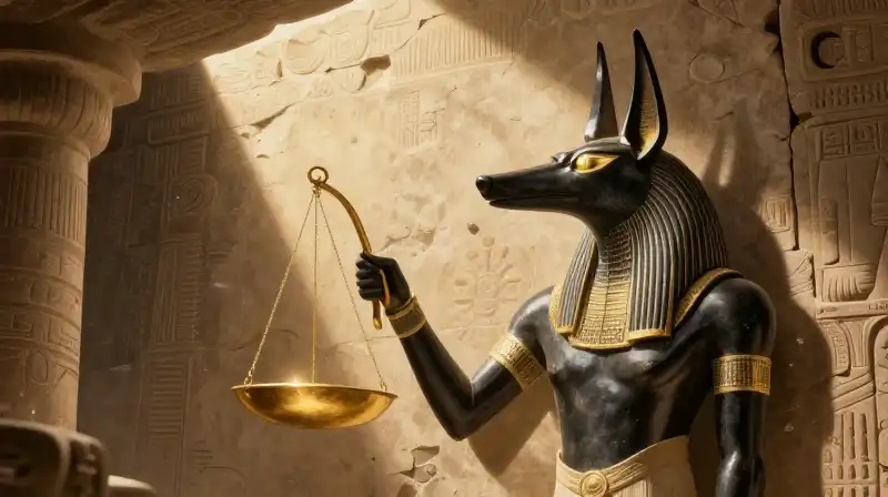 A glowing Anubis guards a golden scale in a tomb