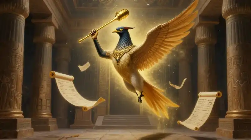 An ibis-headed deity holds a golden stylus in a temple