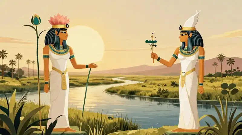 Goddess Uatchit wears a lotus crown amidst lush papyrus