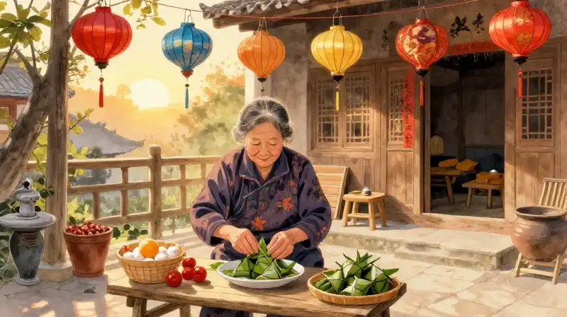 An elderly woman prepares banh chung in a rustic courtyard