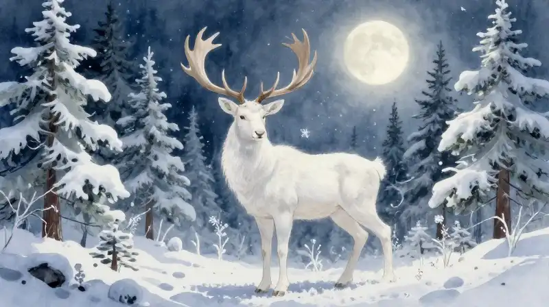 A majestic white stag stands in a snowy pine forest