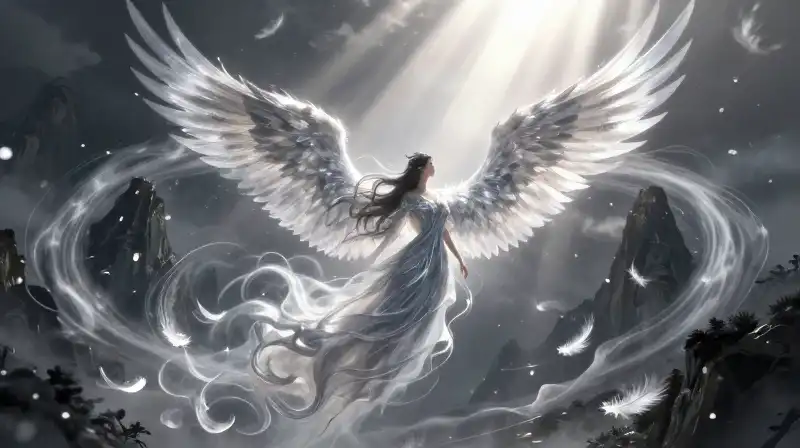 A winged wind deity floats amidst swirling silver feathers