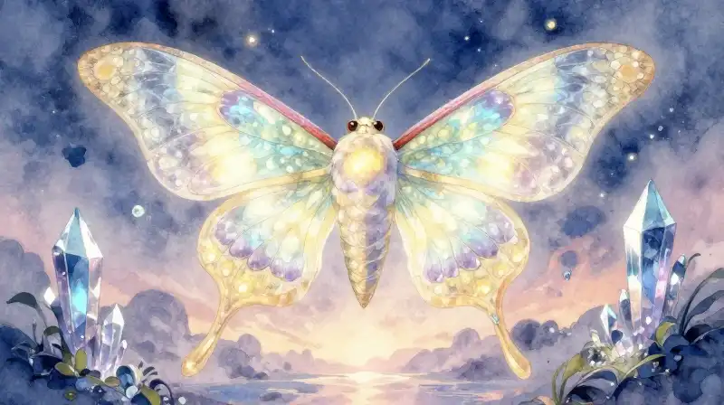 A glowing dragon-moth floats among crystalline islands at twilight