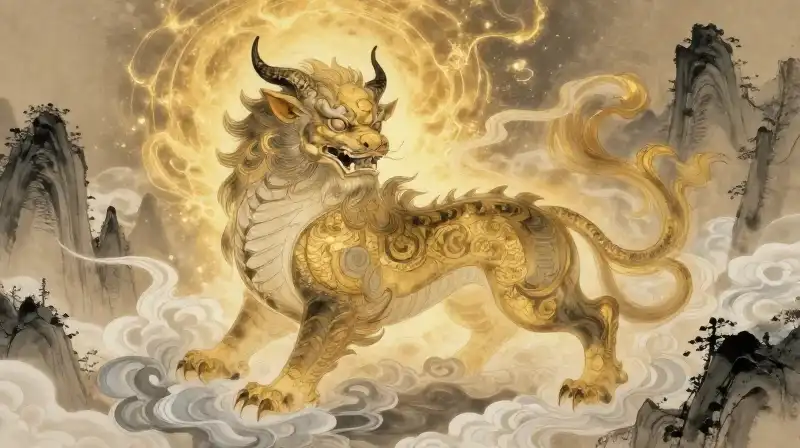 A majestic, multi-scaled beast swirls through ethereal mountain clouds