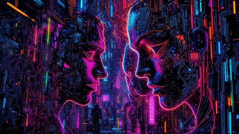 Cyberpunk city pulses with digital decay